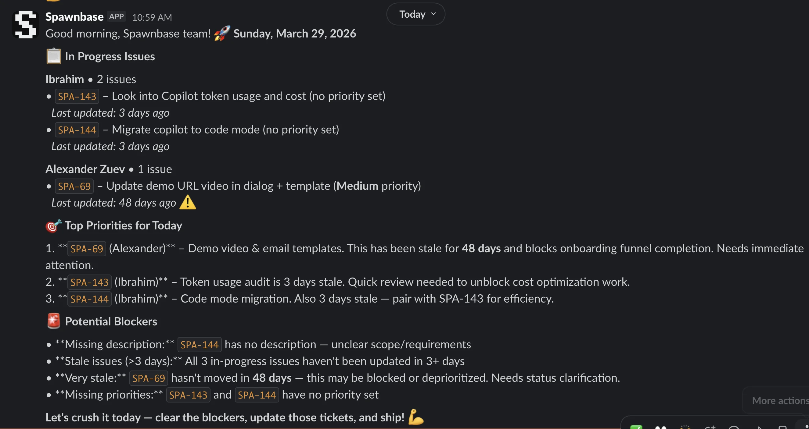 Slack standup report showing in-progress tasks, priorities for the day, and potential blockers