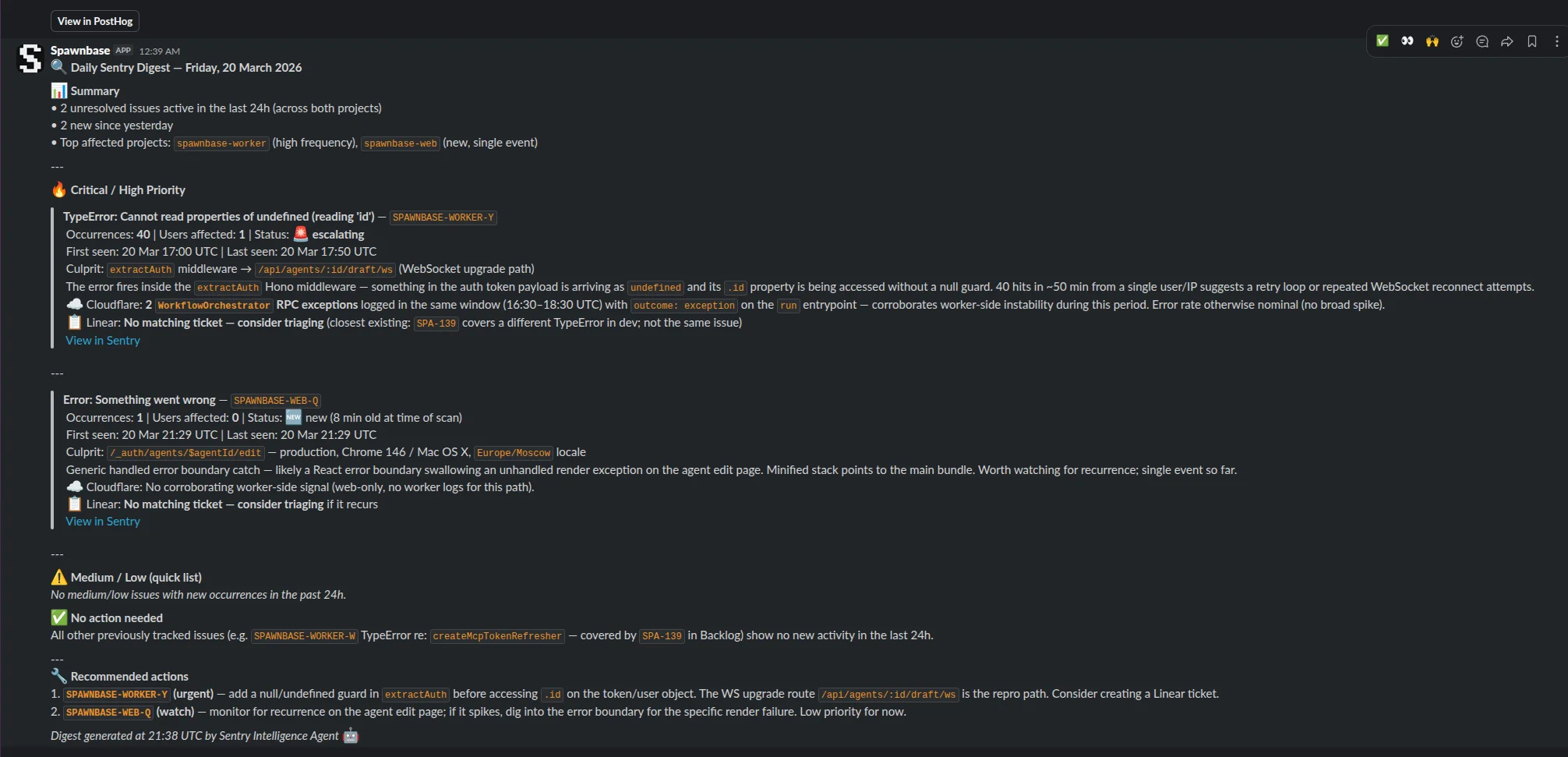 Slack message from the Sentry triage agent showing analyzed issues with severity ratings