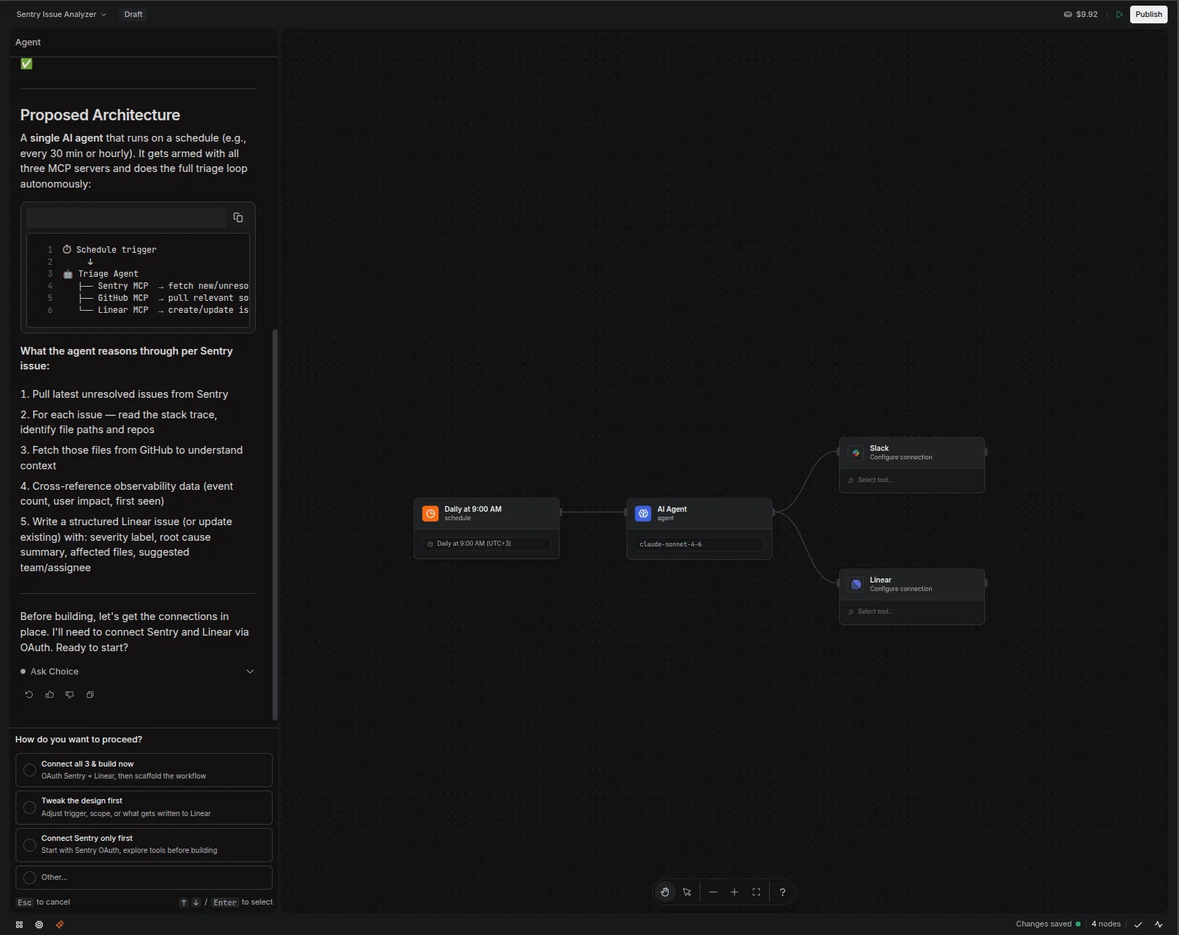 Spawnbase copilot building a workflow on the visual canvas